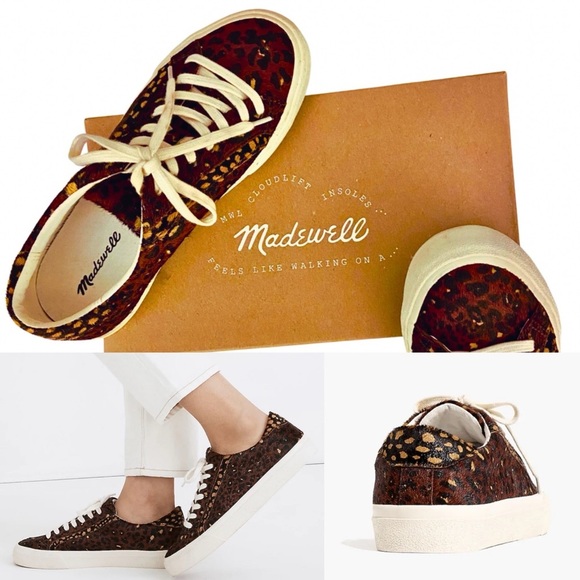 MADEWELL Sidewalk Low-Top Sneakers Leopard Print Calf Hair Leather Cloud Insoles - Picture 3 of 14